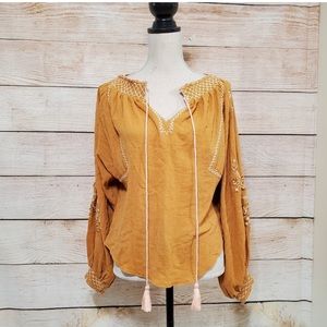 Free People Embroidered Peasant Top  Mustard Yellow Small